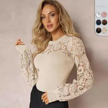 Женская мода повседневная уличная базовая уличная кружевная круглая горловина с длинными рукавами футболка для девочек облегающий топ S бежевый