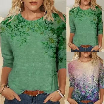 Женская мода, повседневная универсальная повседневная футболка с круглым вырезом и рукавом три четверти, топ с принтом L зелёный
