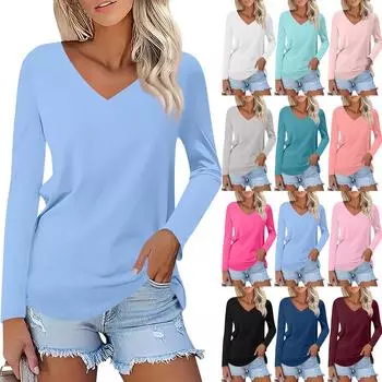 Женская мода повседневная V-образный вырез длинный рукав однотонный принт базовый низ верх XL