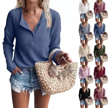 Женская мода повседневная V-образный вырез на пуговицах с длинным рукавом однотонный свободный топ L чёрный