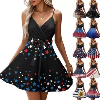 Женская мода повседневная V-образный вырез повседневные бретели без рукавов День независимости принтованные платья XXL тёмно-синий