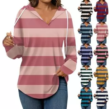 Женская мода повседневная V-образный вырез завязка полосатый принт длинный рукав топ XXXL