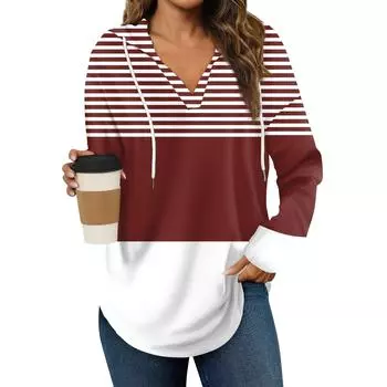 Женская мода повседневная V-образный вырез завязка полосатый принт длинный рукав топ XL кофейный