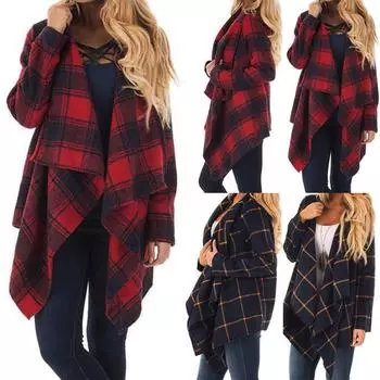 Женская мода Повседневная V-образным вырезом с длинным рукавом клетчатый кардиган кардиганы свитера куртка M тёмно-синий