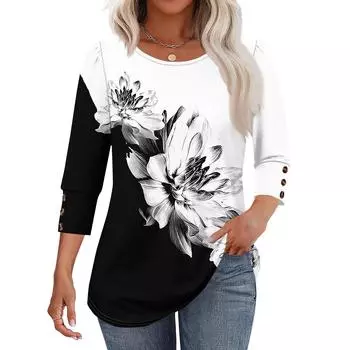 Женская мода Повседневная Винтажная Футболка Топ с круглым вырезом и рукавом в семь сложений с цветочным принтом L чёрный