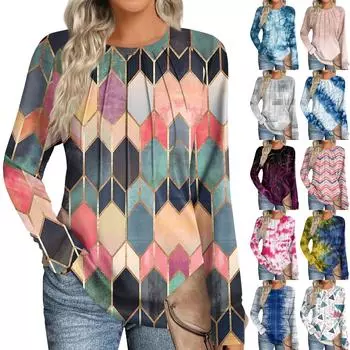 Женская мода повседневная в стиле тай-дай, в полоску, в стиле пэчворк с длинным рукавом и круглым вырезом M розовый