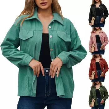 Женская мода повседневная вельветовая свободная куртка пальто однотонная рубашка L чёрный