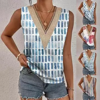 Женская мода, повседневная весенне-летняя майка с v-образным вырезом и цветочным принтом L синий