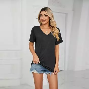 Женская мода, повседневная весенне-летняя однотонная свободная рубашка с v-образным вырезом и короткими рукавами, топ L чёрный