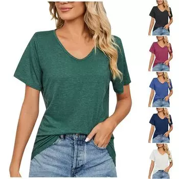 Женская мода, повседневная весенне-летняя однотонная свободная рубашка с v-образным вырезом и короткими рукавами, топ L чёрный