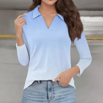Женская мода повседневная весенняя футболка с V-образным вырезом и лацканами, длинный рукав L синий