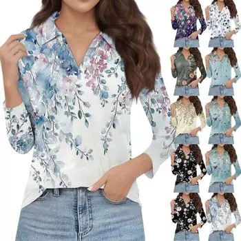 Женская мода повседневная весенняя футболка с V-образным вырезом и лацканами, длинный рукав L бежевый