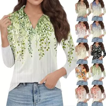 Женская мода повседневная весенняя футболка с V-образным вырезом и лацканами, длинный рукав L чёрный