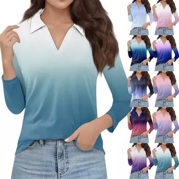 Женская мода повседневная весенняя футболка с V-образным вырезом и лацканами, длинный рукав L синий