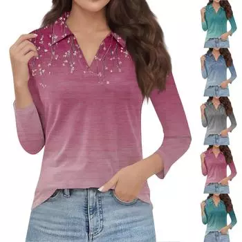 Женская мода повседневная весенняя футболка с V-образным вырезом и лацканами, длинный рукав L синий