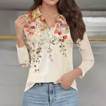 Женская мода повседневная весенняя футболка с V-образным вырезом и лацканами, длинный рукав S темно-синий