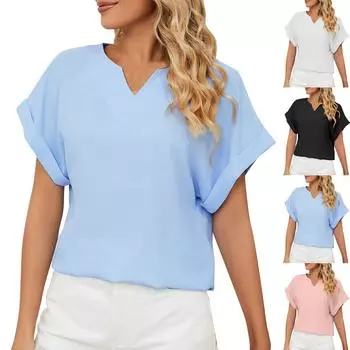 Женская мода повседневная весна и лето однотонная свободная шифоновая рубашка с V-образным вырезом и коротким рукавом L чёрный