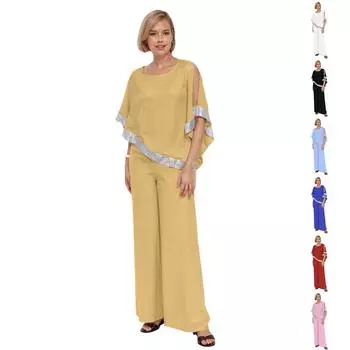 Женская мода повседневная весна-лето с круглым вырезом, расшитая блестками, цветные блоки, летучая мышь, рубашка, топ, широкие брюки, комплект XXL чёрный