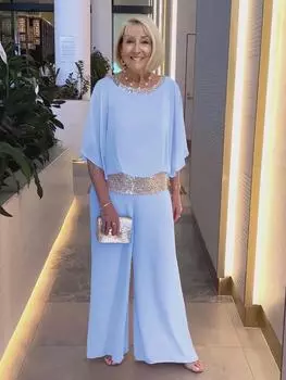 Женская мода повседневная весна осень однотонный принт рукава 1/2 О-образный вырез брюки брюки костюмы S небесно-голубой
