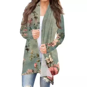 Женская мода повседневная винтажная цветочная набивная куртка-кардиган средней длины XL