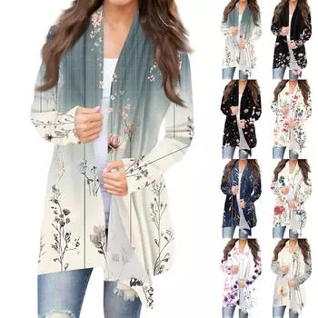 Женская мода повседневная винтажная цветочная набивная куртка-кардиган средней длины L