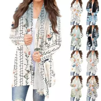 Женская мода повседневная винтажная цветочная набивная куртка-кардиган средней длины L чёрный