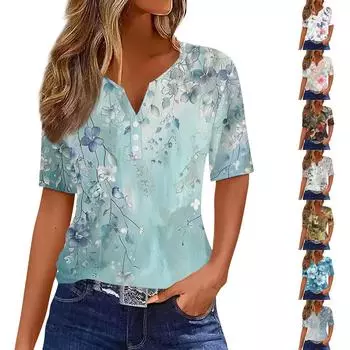 Женская мода повседневная винтажная цветочная печать V-образный вырез короткий рукав декоративная пуговица футболка топы M красный