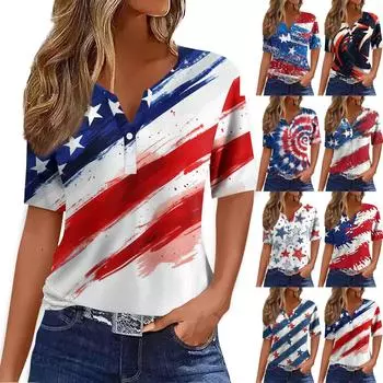 Женская мода повседневная винтажная цветочная печать V-образный вырез короткий рукав декоративная пуговица футболка топы XXL синий