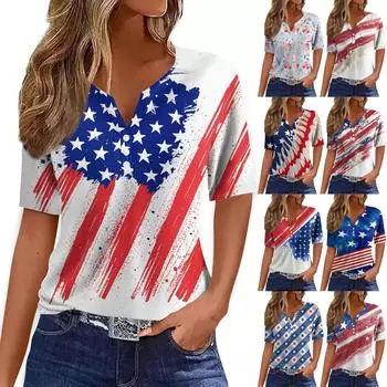 Женская мода повседневная винтажная цветочная печать V-образный вырез короткий рукав декоративная пуговица футболка топы L