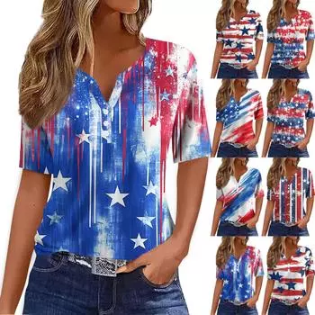 Женская мода повседневная винтажная цветочная печать V-образный вырез короткий рукав декоративная пуговица футболка топы XL