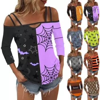 Женская мода повседневная винтажная футболка без бретелек с принтом на Хэллоуин с семью рукавами XL шафрановый