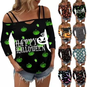Женская мода повседневная винтажная футболка без бретелек с принтом на Хэллоуин с семью рукавами S
