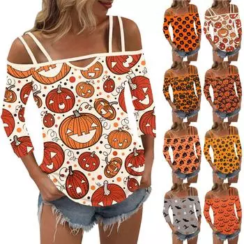 Женская мода повседневная винтажная футболка без бретелек с принтом на Хэллоуин с семью рукавами L
