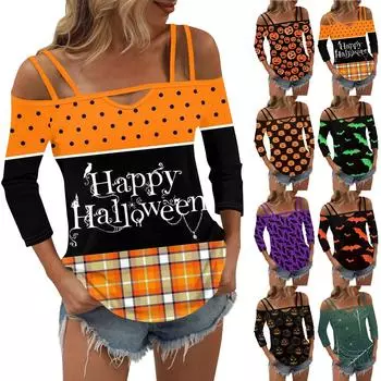 Женская мода повседневная винтажная футболка без бретелек с принтом на Хэллоуин с семью рукавами XXL зелёный