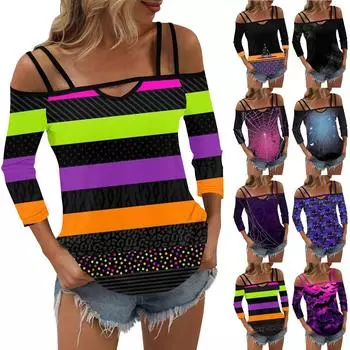 Женская мода повседневная винтажная футболка без бретелек с принтом на Хэллоуин с семью рукавами XXL синий