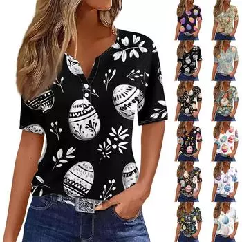 Женская мода повседневная винтажная пасхальная футболка с V-образным вырезом и коротким рукавом с декоративными пуговицами XXXL розовый