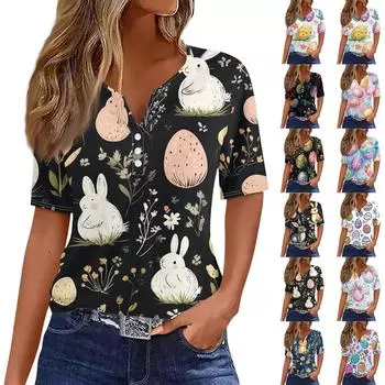 Женская мода повседневная винтажная пасхальная футболка с V-образным вырезом и коротким рукавом с декоративными пуговицами L