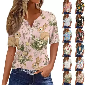 Женская мода повседневная винтажная пасхальная футболка с V-образным вырезом и коротким рукавом с декоративными пуговицами XL жёлтый