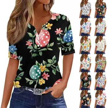 Женская мода повседневная винтажная пасхальная футболка с V-образным вырезом и коротким рукавом с декоративными пуговицами XXL чёрный