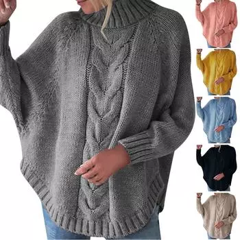 Женская мода повседневная водолазка мешковатый свитер с манжетами «летучая мышь» L чёрный