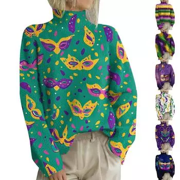 Женская мода повседневная водолазка с длинным рукавом и принтом карнавала XL