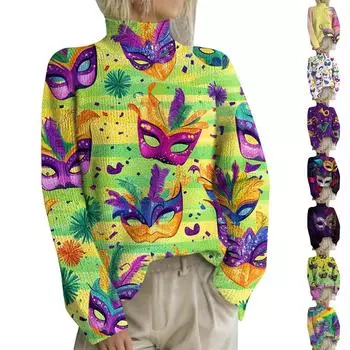 Женская мода повседневная водолазка с длинным рукавом и принтом карнавала XXL