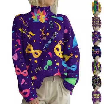 Женская мода повседневная водолазка с длинным рукавом и принтом карнавала XXL