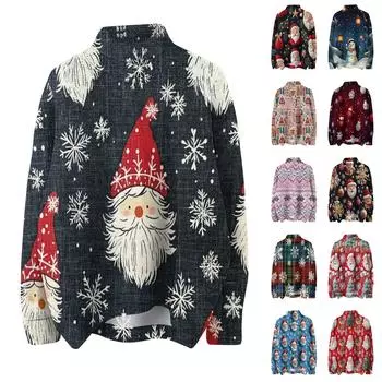 Женская мода, повседневная водолазка с круглым вырезом и длинными рукавами, с рождественским принтом, трикотажный топ L