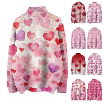 Женская мода, повседневная водолазка с круглым вырезом и длинными рукавами, с принтом ко Дню святого Валентина, трикотажный топ L