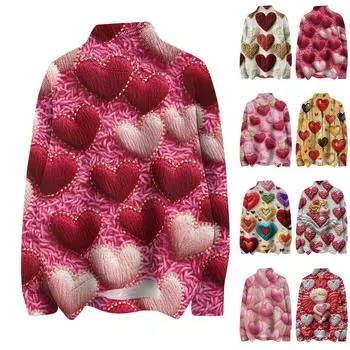 Женская мода, повседневная водолазка с круглым вырезом и длинными рукавами, с принтом ко Дню святого Валентина, трикотажный топ S