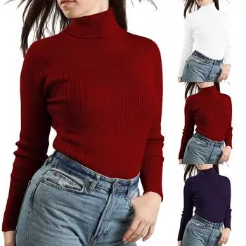 Женская мода повседневная водолазка свитер с длинным рукавом трикотажный топ M чёрный