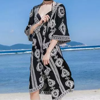 Женская мода повседневная вышитая полая с рукавом три четверти рукава пляжная летняя кружевная рубашка солнцезащитный крем солнцезащитный крем 25906 One Size бежевый