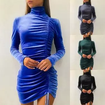 Женская мода, повседневная замшевая завязка с высоким воротом, тонкий пуловер с длинными рукавами, облегающее мини-платье с запахом бедер L чёрный