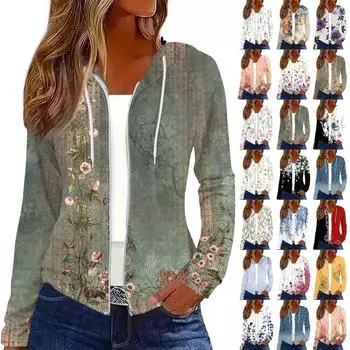 Женская мода повседневная застежка-молния с капюшоном и принтом с длинным рукавом толстовки пальто L армия зеленый